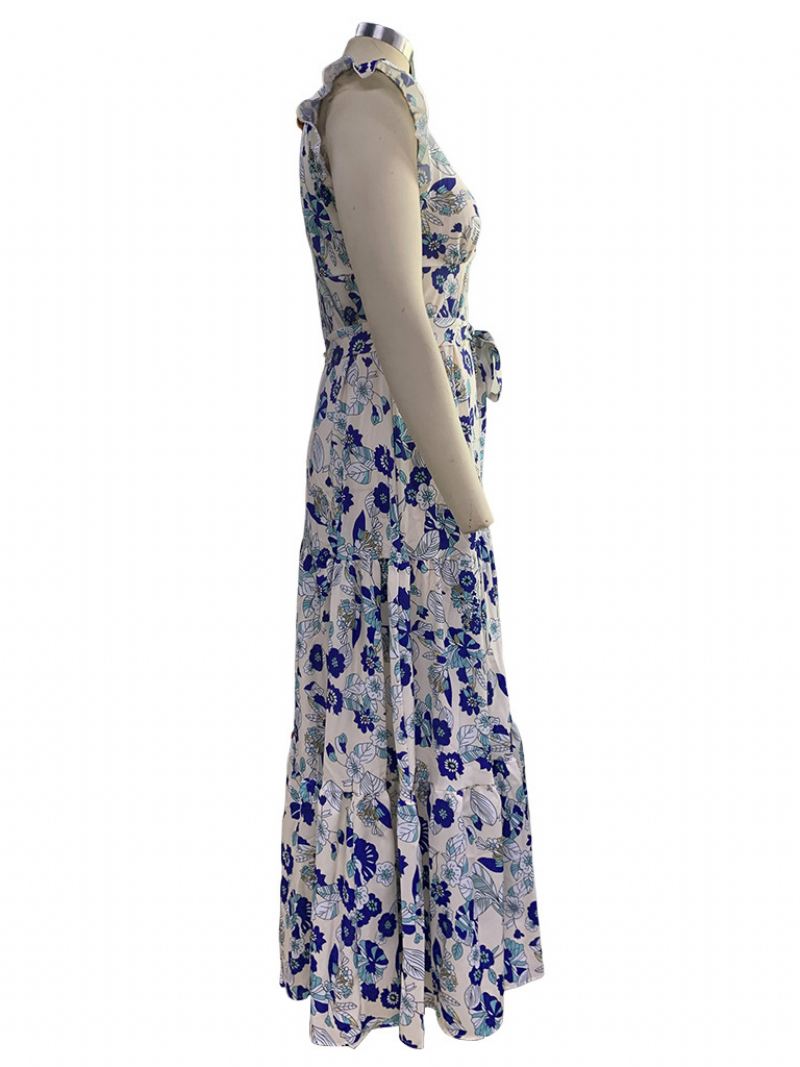 Dames Lange Jurk V-hals Mouwloos Vetersluiting Geplooide Ruches Bloemenprint Stretch Maxi-jurk - Blauw