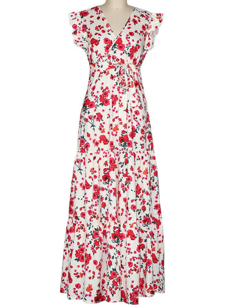 Dames Lange Jurk V-hals Mouwloos Vetersluiting Geplooide Ruches Bloemenprint Stretch Maxi-jurk - Roze