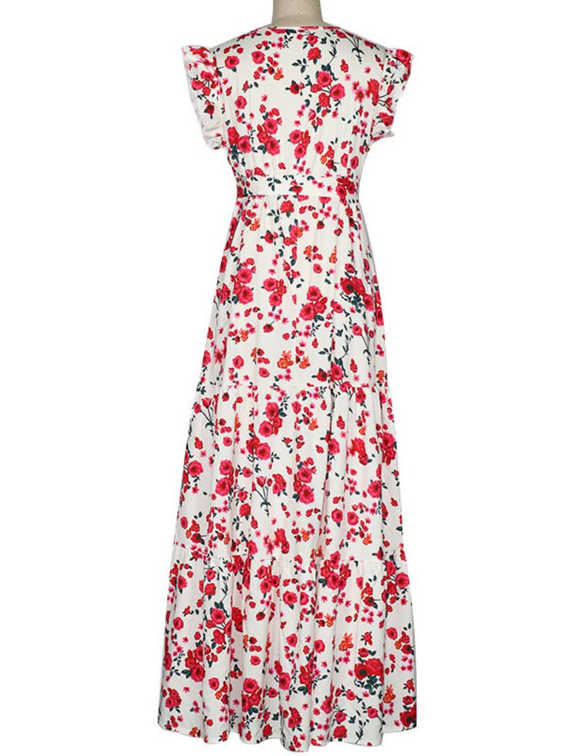 Dames Lange Jurk V-hals Mouwloos Vetersluiting Geplooide Ruches Bloemenprint Stretch Maxi-jurk - Roze