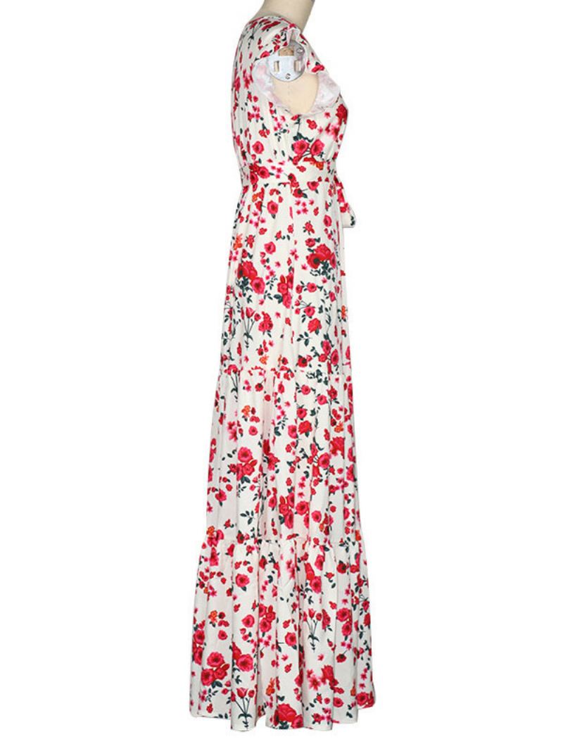 Dames Lange Jurk V-hals Mouwloos Vetersluiting Geplooide Ruches Bloemenprint Stretch Maxi-jurk - Roze