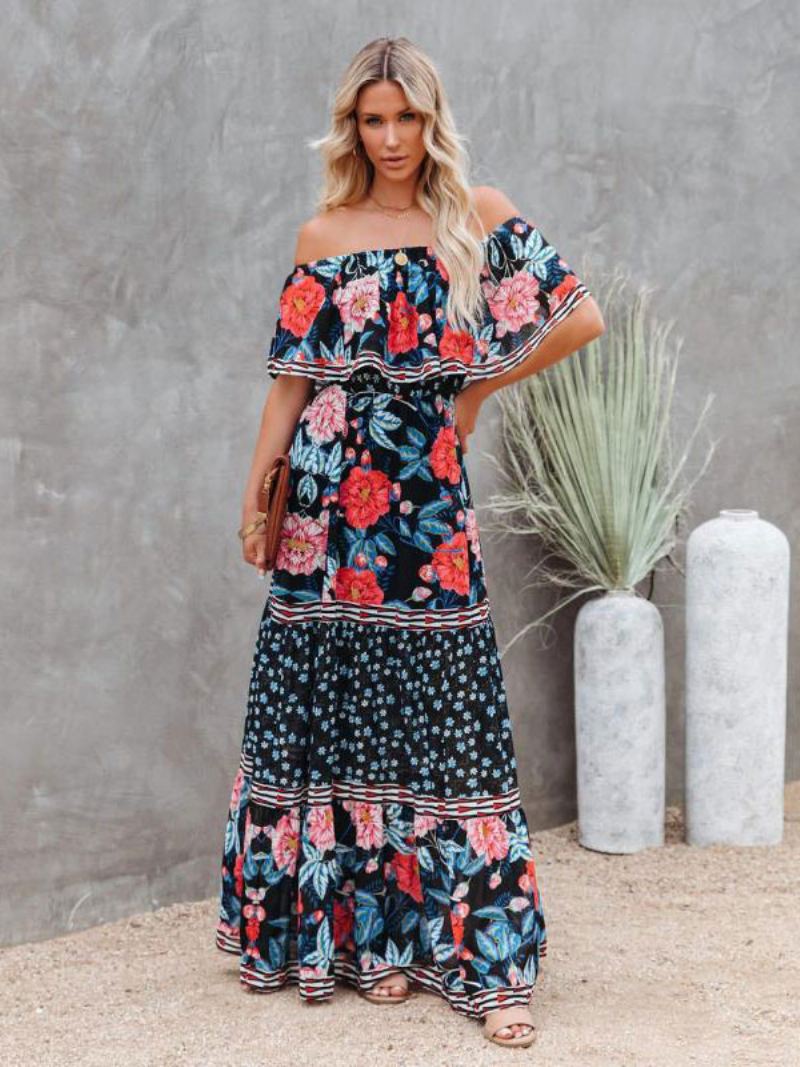 Dames Maxi-jurk Met Bateau-hals Korte Mouwen Boheemse Bloemenprint Lange Jurk