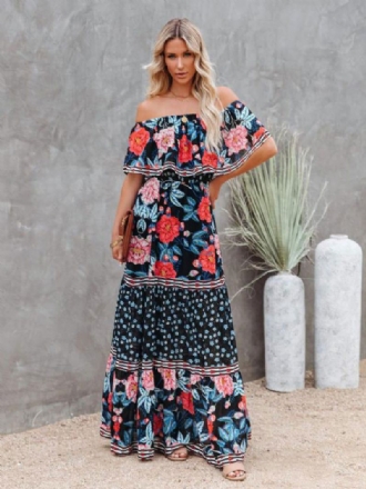 Dames Maxi-jurk Met Bateau-hals Korte Mouwen Boheemse Bloemenprint Lange Jurk