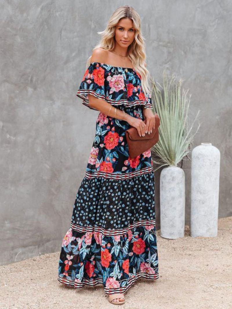 Dames Maxi-jurk Met Bateau-hals Korte Mouwen Boheemse Bloemenprint Lange Jurk - Zwart