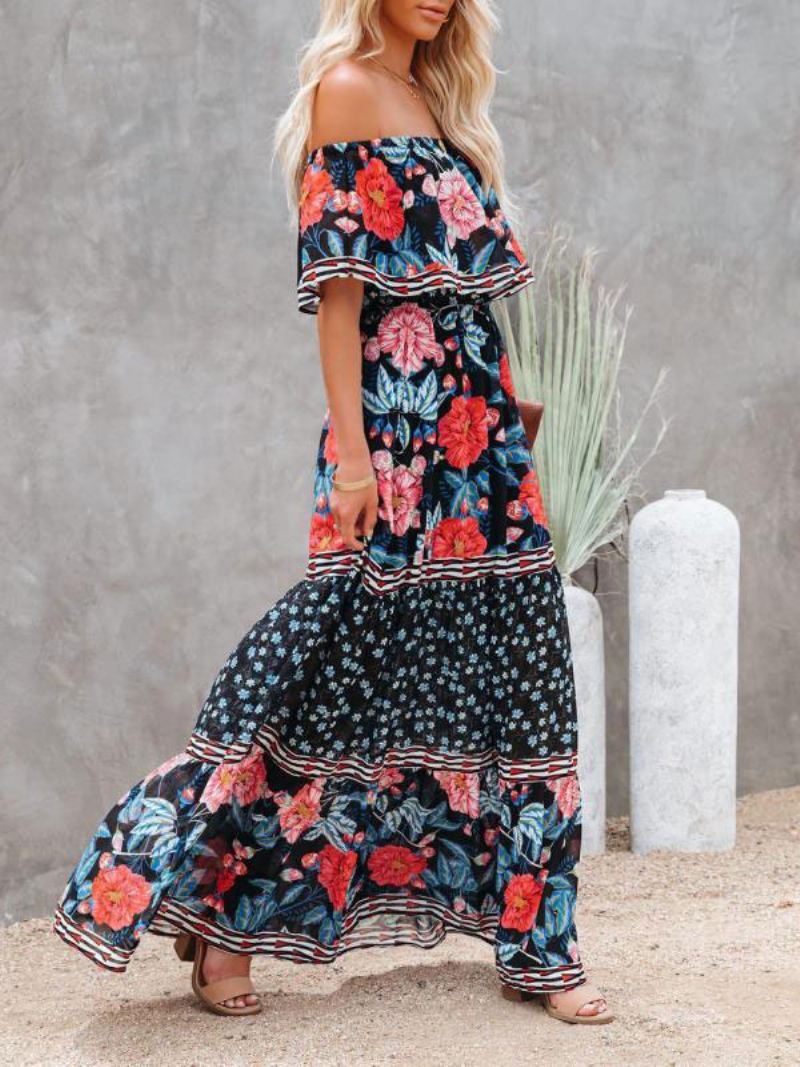 Dames Maxi-jurk Met Bateau-hals Korte Mouwen Boheemse Bloemenprint Lange Jurk - Zwart