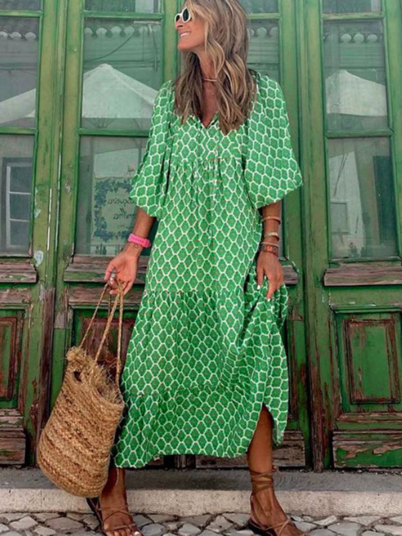 Dames Maxi-jurk Met Juweelhals 3/4-mouwen Casual Lange Jurk Bloemenprint - Lichtgroen