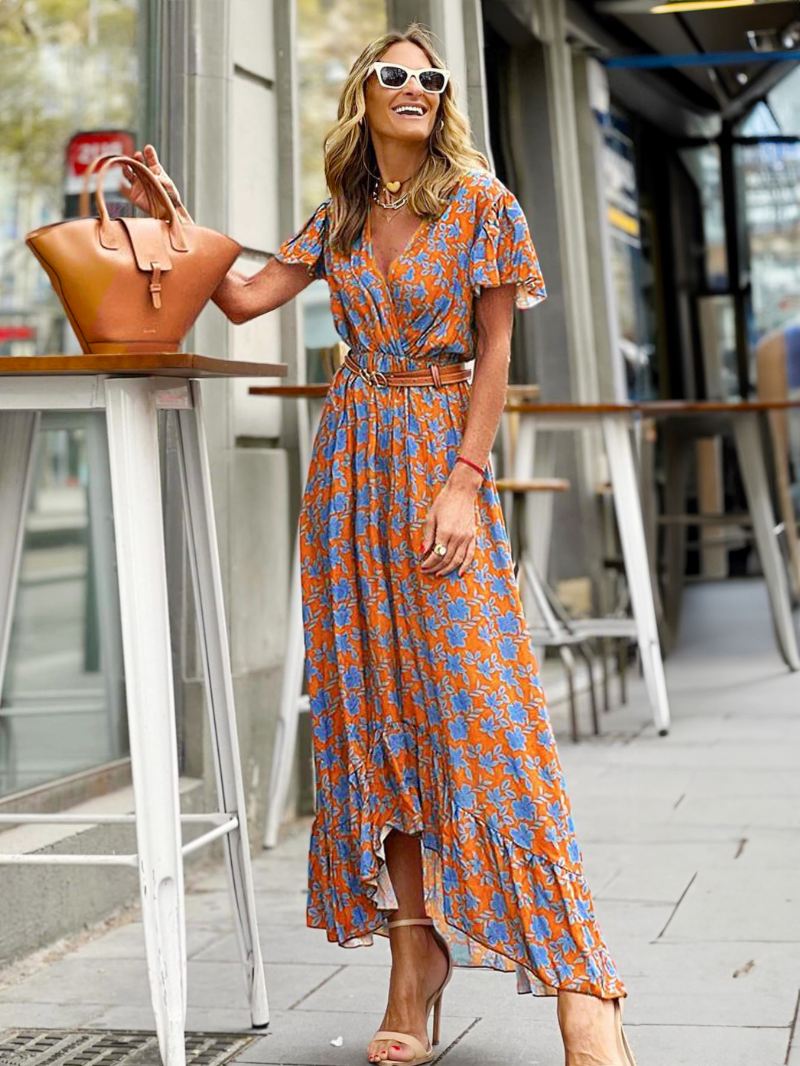 Dames Maxi-jurk Met V-hals Korte Mouwen Bedrukte Sjerp Lange Jurk - Oranje