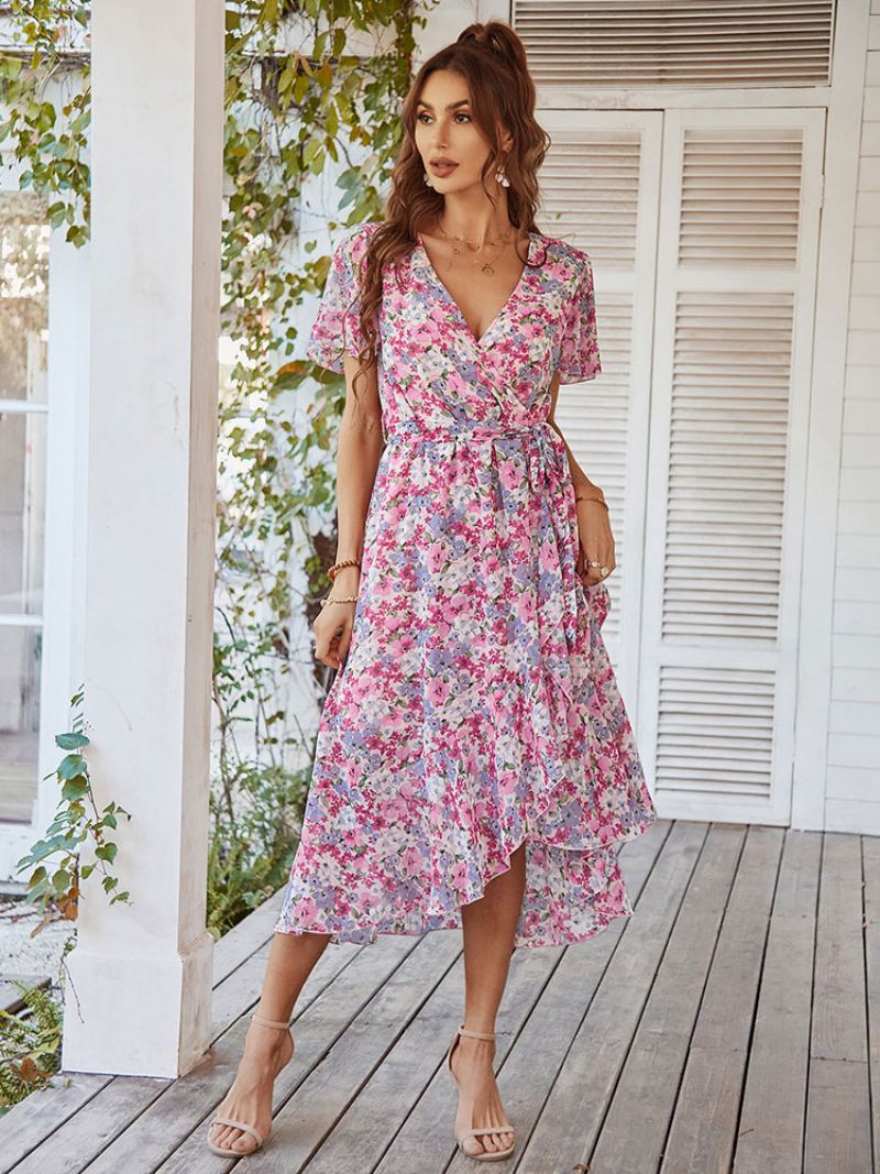 Dames Maxi-jurk Met V-hals Korte Mouwen Print Tot Op Grond - Roze