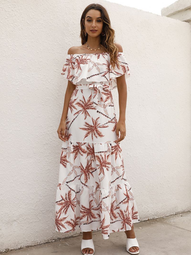 Dames Maxi-jurken Korte Mouwen Luipaard Bloemenprint Off-shoulder Geplooide Gelaagde Lange Jurk