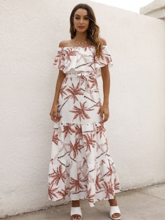 Dames Maxi-jurken Korte Mouwen Luipaard Bloemenprint Off-shoulder Geplooide Gelaagde Lange Jurk