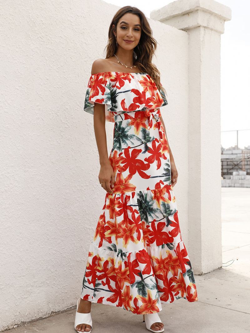 Dames Maxi-jurken Korte Mouwen Luipaard Bloemenprint Off-shoulder Geplooide Gelaagde Lange Jurk - Rood