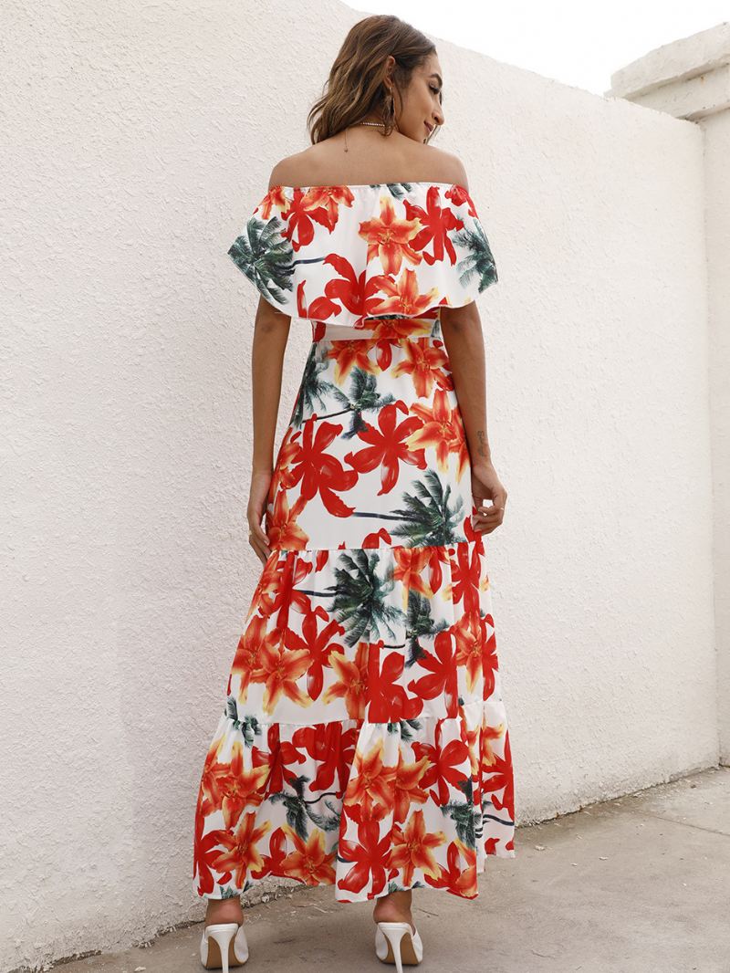 Dames Maxi-jurken Korte Mouwen Luipaard Bloemenprint Off-shoulder Geplooide Gelaagde Lange Jurk - Rood