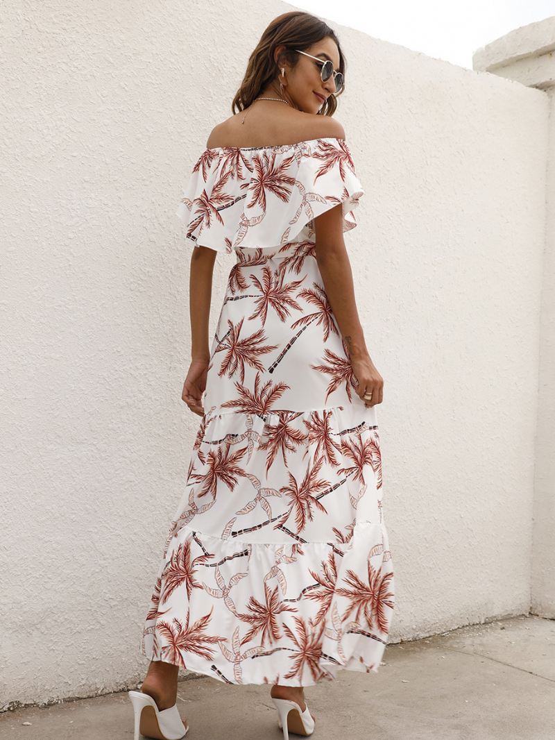 Dames Maxi-jurken Korte Mouwen Luipaard Bloemenprint Off-shoulder Geplooide Gelaagde Lange Jurk - Vlees