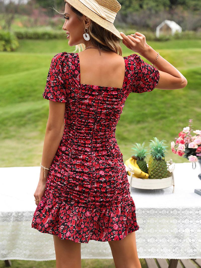 Dames Zomer Mini-jurken Rode Strandjurk Met Vierkante Hals Ruches Bloemenprint - Rood