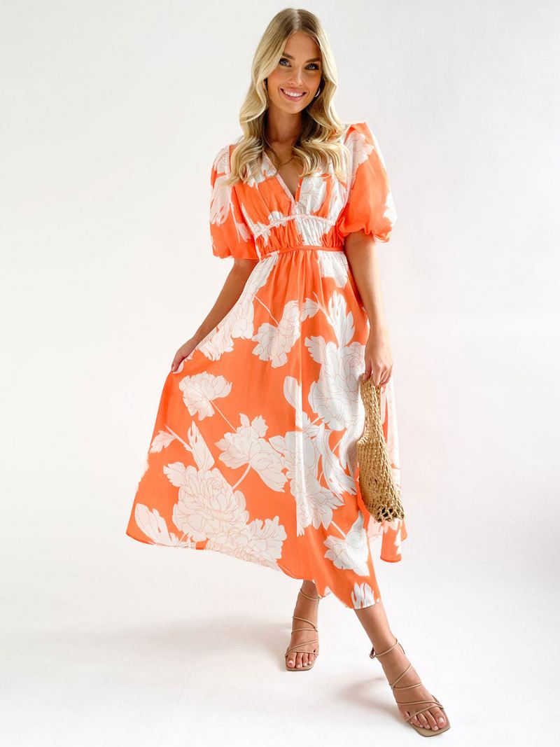 Dames Zomerjurk V-hals Bloemenprint Rose Lange Strandjurk - Oranje