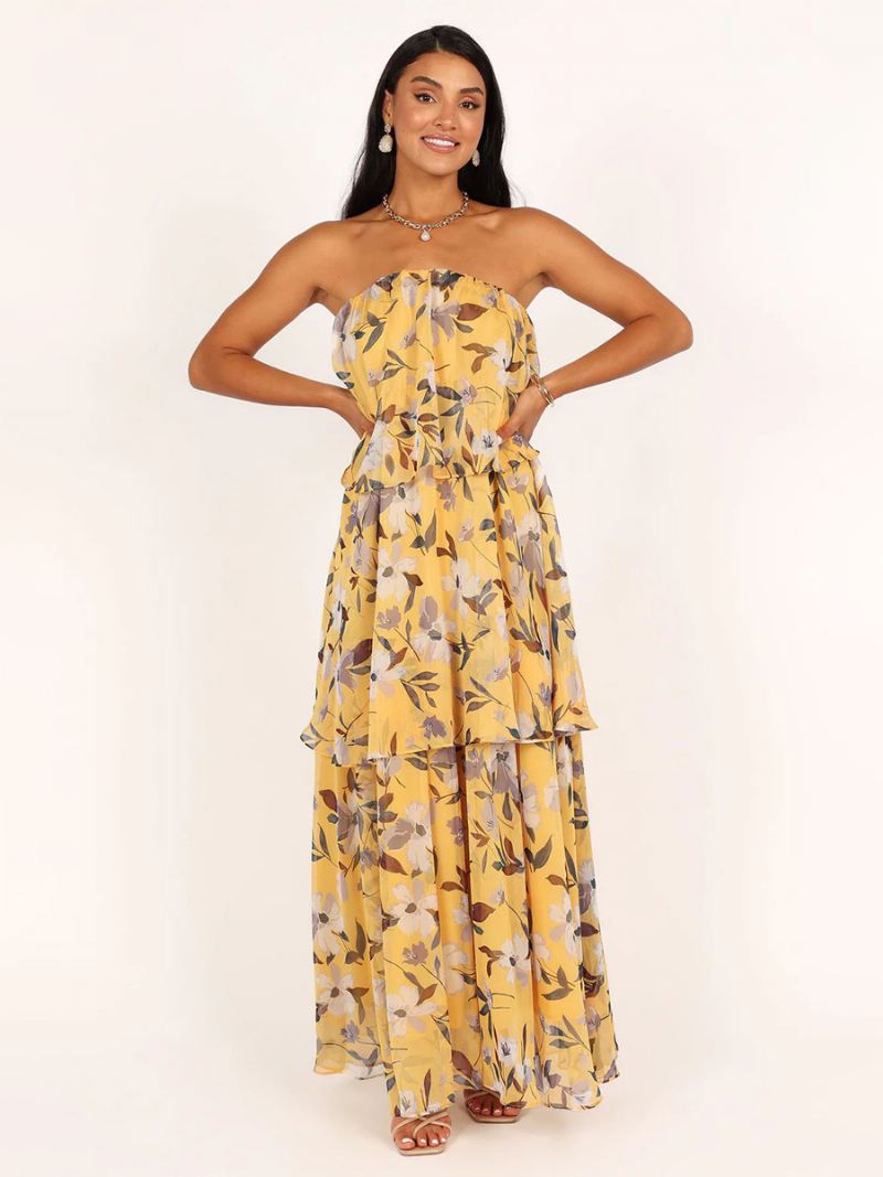 Damesjurk Chiffon Gelaagde Off-shoulder Dagelijkse Casual Maxi-jurken - Geel