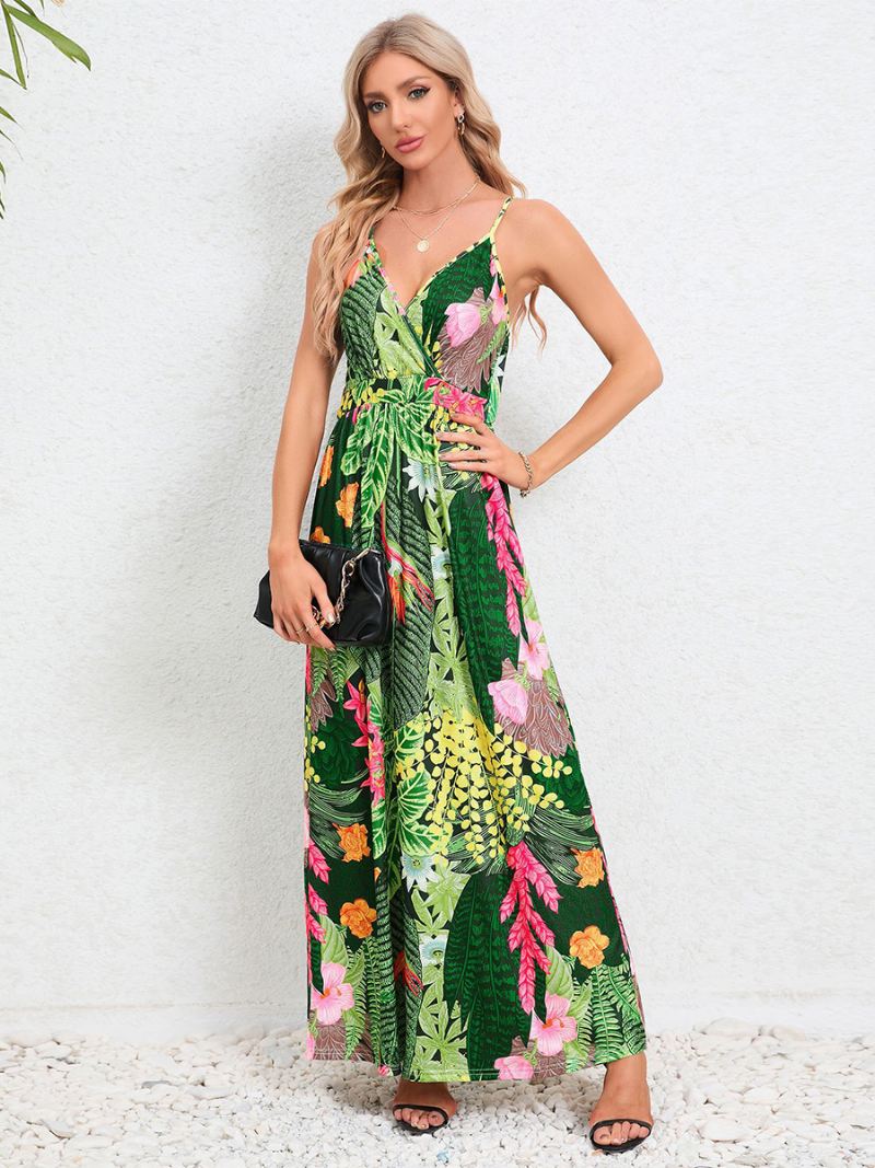 Damesjurk Met Bladprint Spaghettibandjes V-hals Ruglooze Casual Zomer Maxi-jurken - Groen