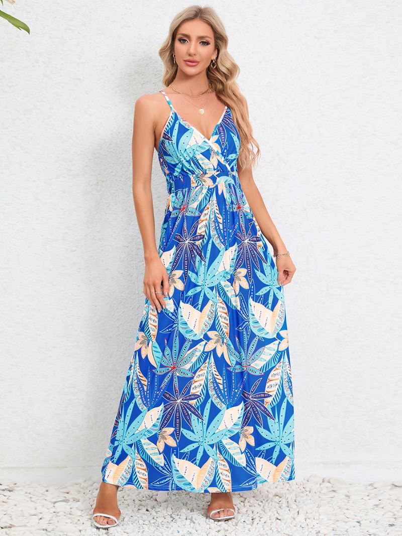 Damesjurk Met Bladprint Spaghettibandjes V-hals Ruglooze Casual Zomer Maxi-jurken - Babyblauw