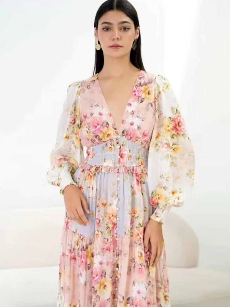 Damesjurk Met Bloemen Lange Mouwen V-hals Knopen Gelaagde Sexy Zomer Maxi-jurken - Roze