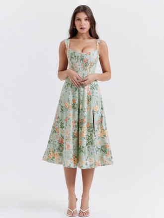 Damesjurk Met Bloemen Midi-jurk Jurken Bloemenprint Split Voorkant Bateau-hals Mouwloos Rits Geen Open Naad Chique Zomer Lang