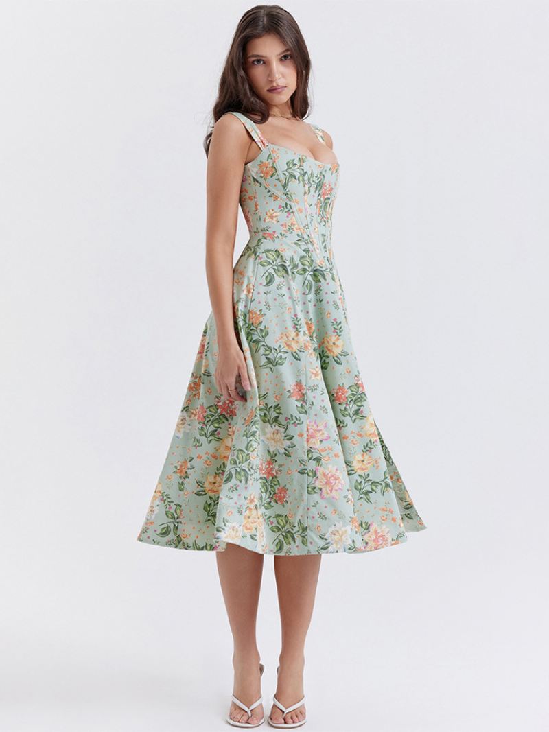 Damesjurk Met Bloemen Midi-jurk Jurken Bloemenprint Split Voorkant Bateau-hals Mouwloos Rits Geen Open Naad Chique Zomer Lang - Groen