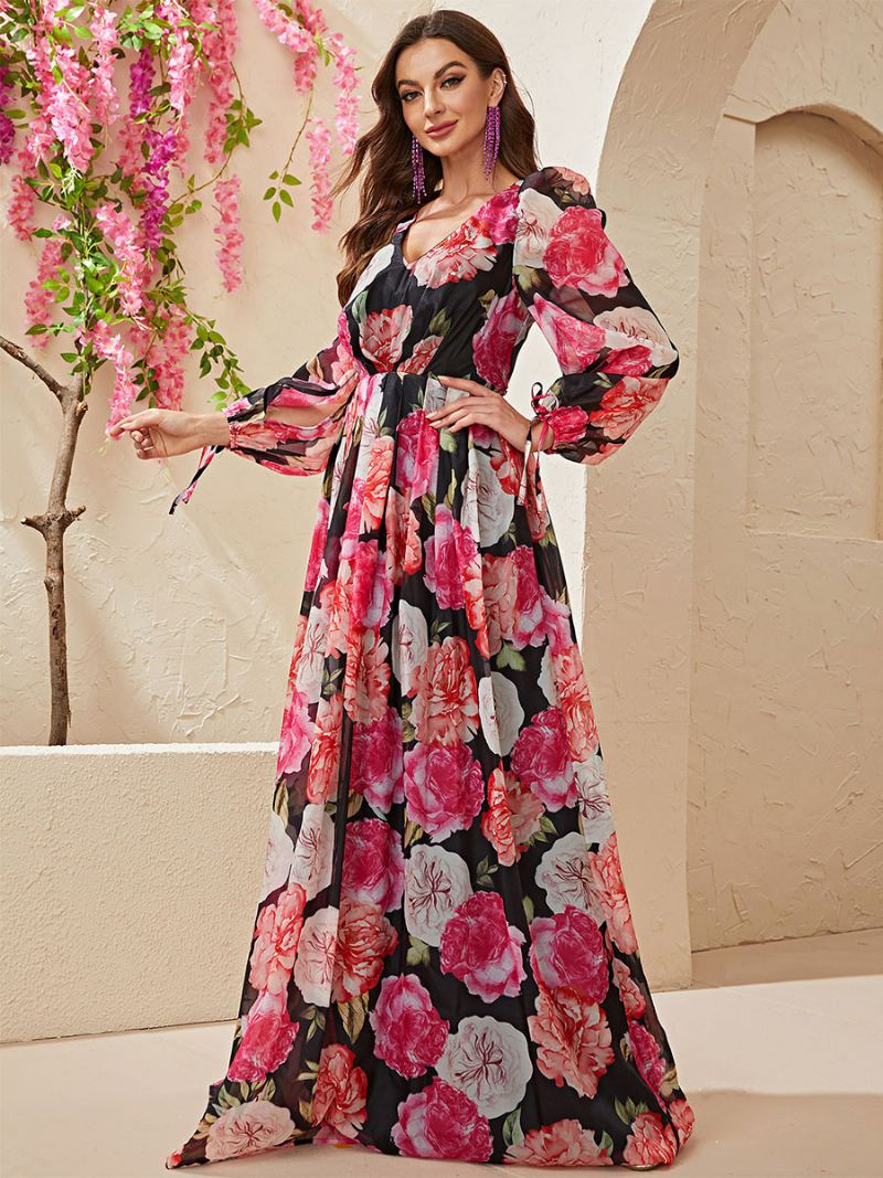 Damesjurk Met Bloemenprint Maxi-jurken Jurken Vetersluiting V-hals Lange Mouwen Geen Open Naad Elegant Herfst Lang - Zwart