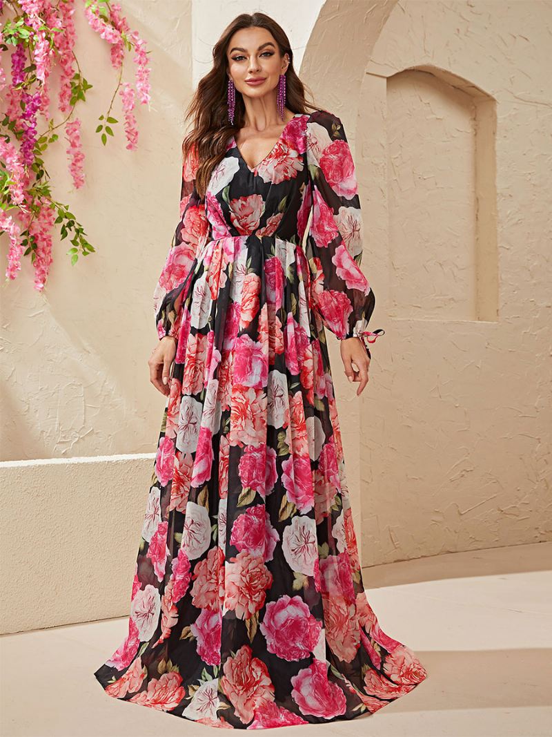 Damesjurk Met Bloemenprint Maxi-jurken Jurken Vetersluiting V-hals Lange Mouwen Geen Open Naad Elegant Herfst Lang - Zwart