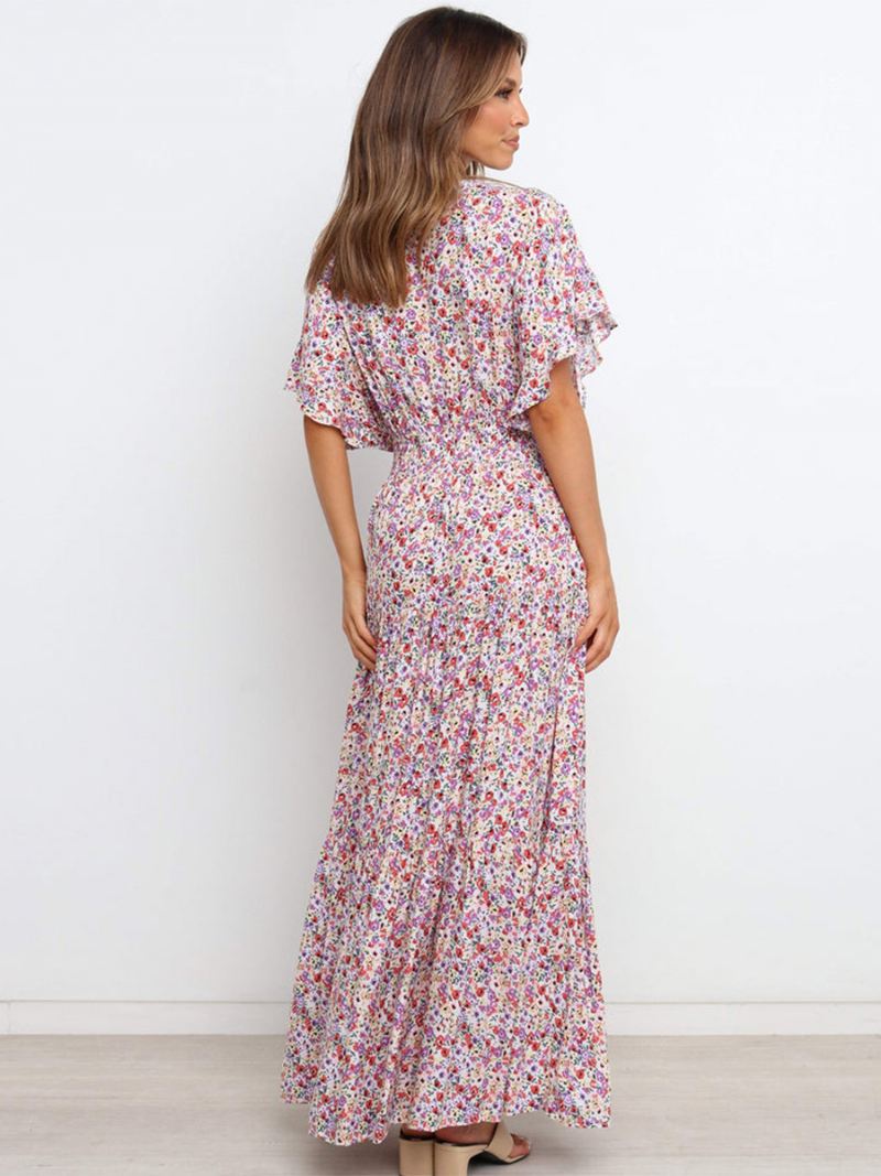 Damesjurk Met Bloemenprint Maxi-jurken Korte Mouwen V-hals Casual Stretch Geen Open Naad Lange Herfst - Wit