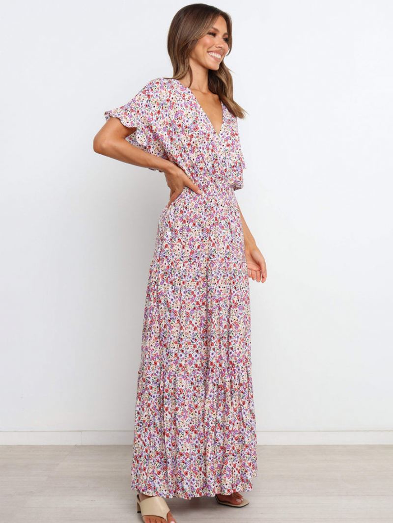 Damesjurk Met Bloemenprint Maxi-jurken Korte Mouwen V-hals Casual Stretch Geen Open Naad Lange Herfst - Wit