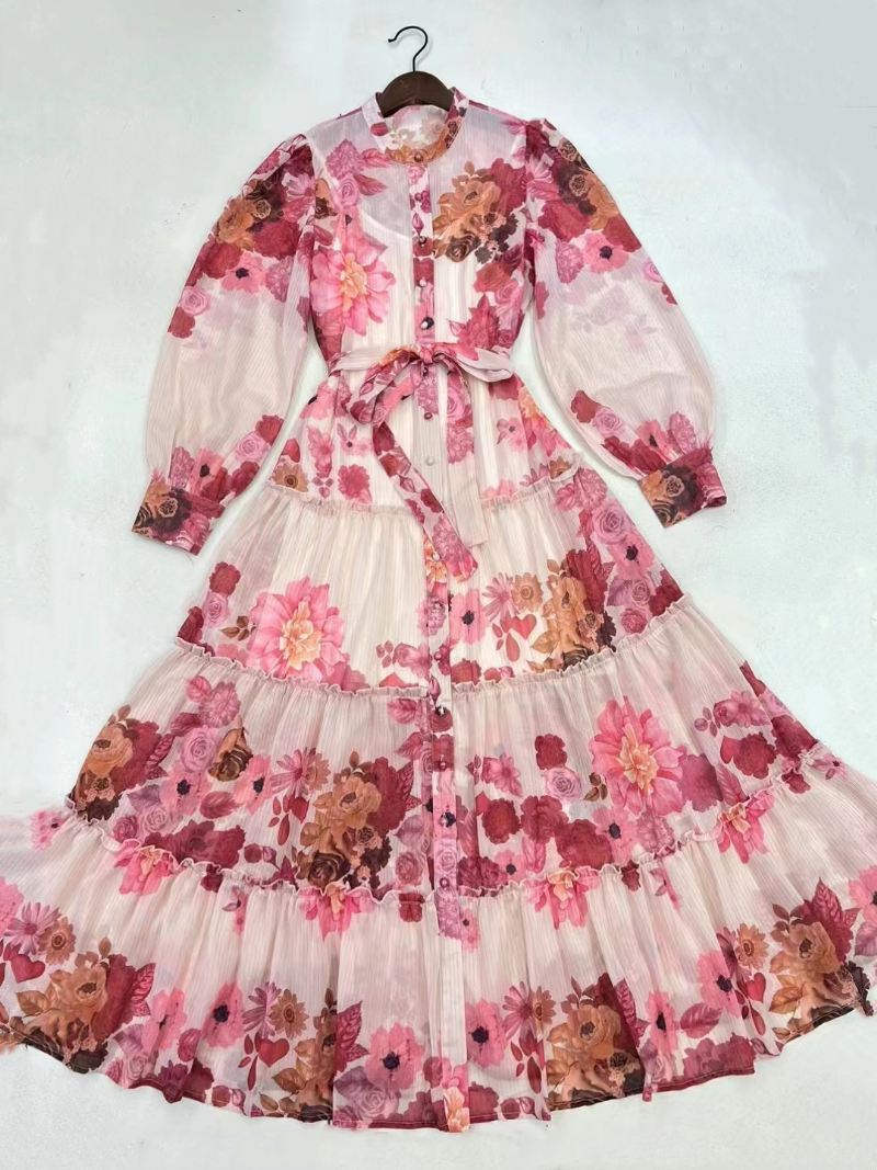 Damesjurk Met Bloemenprint Maxi-jurken Lange Mouwen Sieraad Hals Chique Sjerp Rits Zomer - Roze