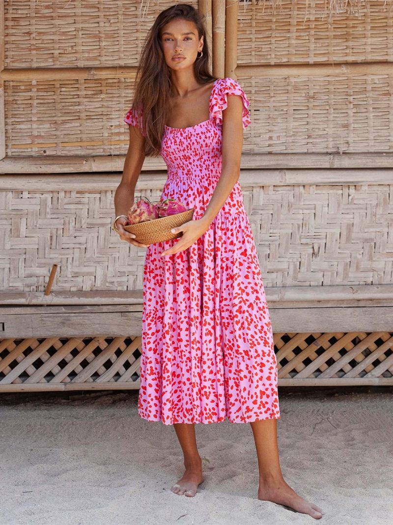 Damesjurk Met Bloemenprint Maxi-jurken Mouwloos Vierkante Hals Elegante Ruches Geen Open Naad Lange Zomer - Roze