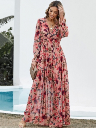 Damesjurk Met Bloemenprint V-hals Gelaagde Ruches Lange Mouwen Boho Maxi-jurken