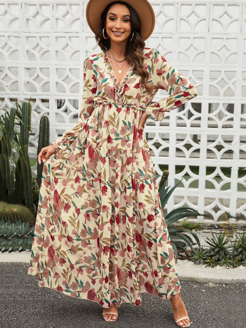 Damesjurk Met Bloemenprint V-hals Gelaagde Ruches Lange Mouwen Boho Maxi-jurken - Lichtgeel