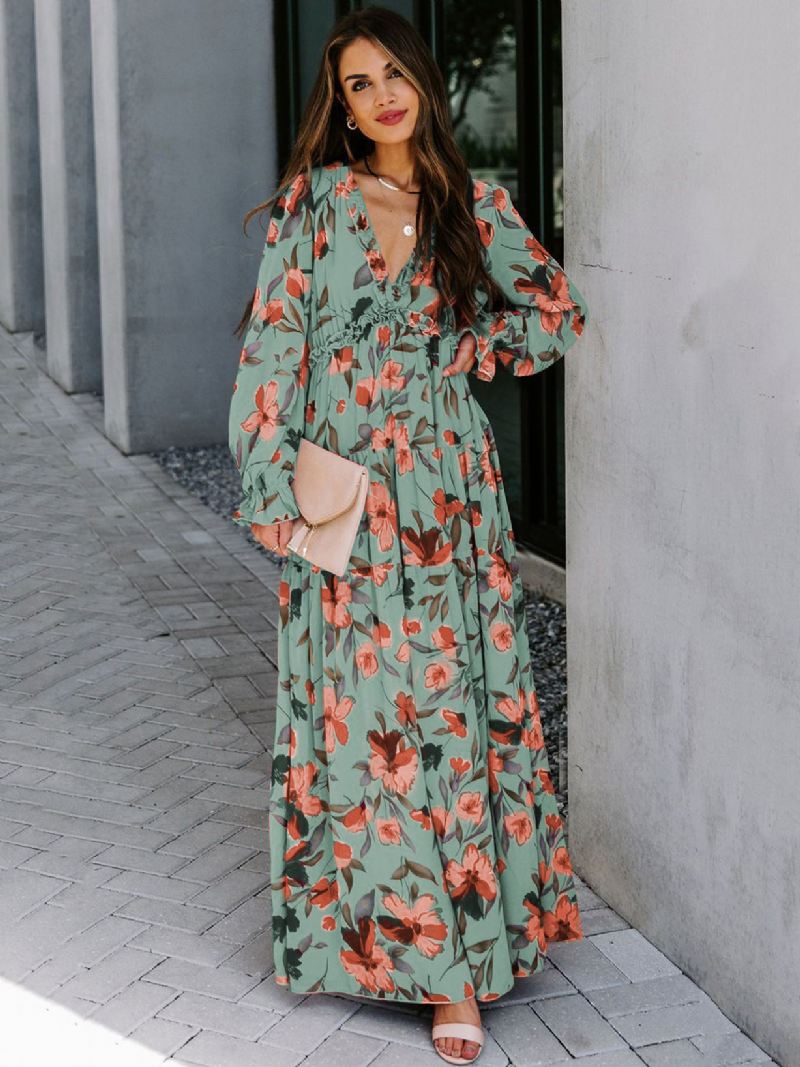 Damesjurk Met Bloemenprint V-hals Gelaagde Ruches Lange Mouwen Boho Maxi-jurken - Groen