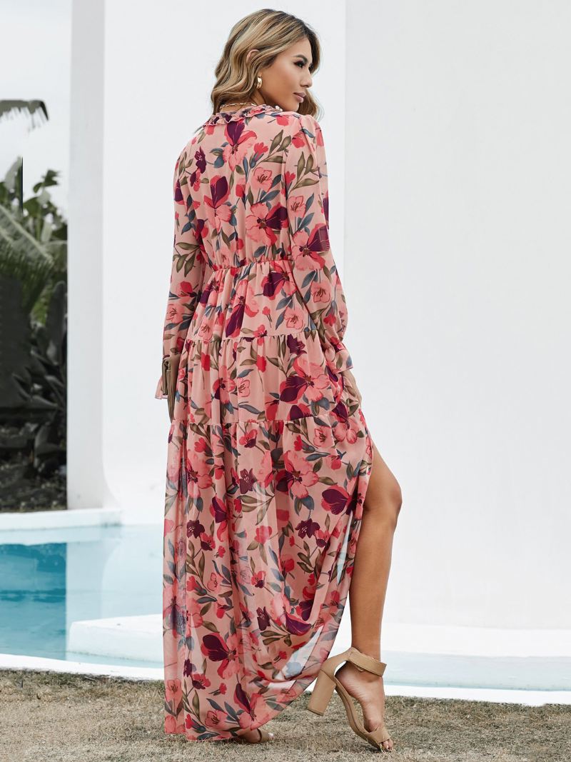 Damesjurk Met Bloemenprint V-hals Gelaagde Ruches Lange Mouwen Boho Maxi-jurken - Rood