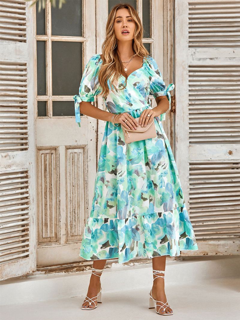 Damesjurk Met Bloemenprint V-hals Korte Mouwen Casual Midi-jurk Print - Groente