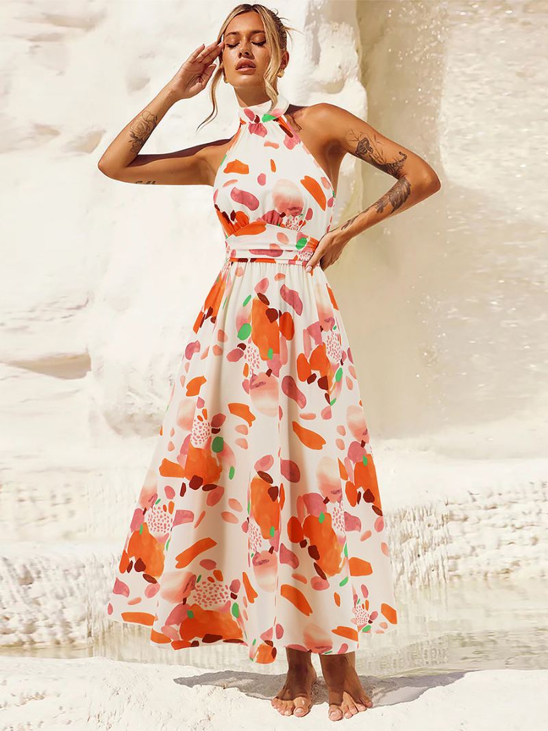 Damesjurk Met Print Halter Mouwloos Empire Taille Ruglooze Casual Feest-midi-jurken - Oranje