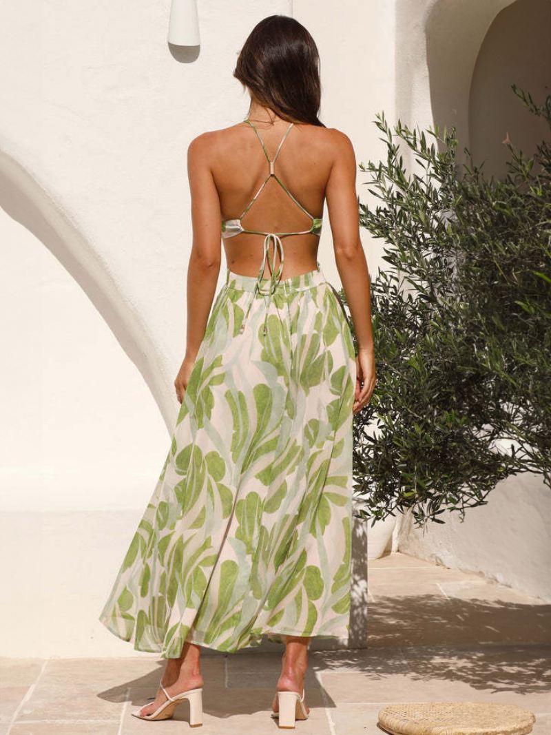 Damesjurk Met Print Halteruitsparing Open Rug Zomerresort Casual Midi-jurken - Licht Groen