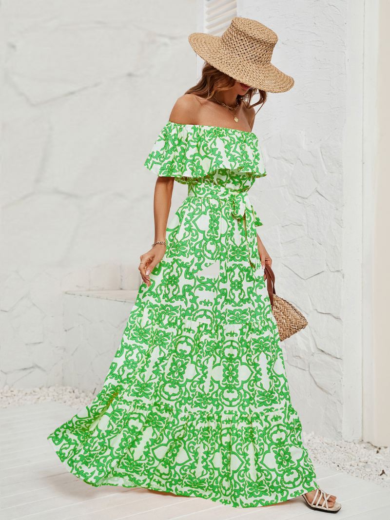 Damesjurk Met Print Off-shoulder Riem Rugloze Gelaagde Casual Zomer Maxi-jurken - Groen