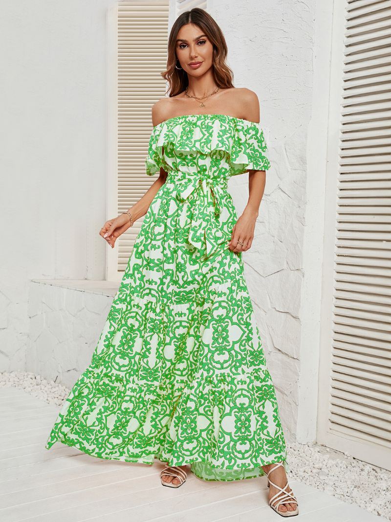 Damesjurk Met Print Off-shoulder Riem Rugloze Gelaagde Casual Zomer Maxi-jurken - Groen