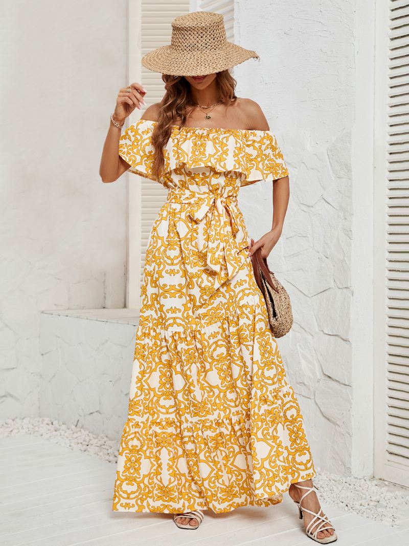 Damesjurk Met Print Off-shoulder Riem Rugloze Gelaagde Casual Zomer Maxi-jurken - Geel