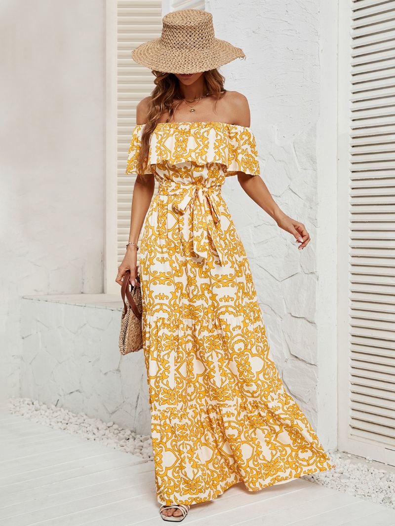 Damesjurk Met Print Off-shoulder Riem Rugloze Gelaagde Casual Zomer Maxi-jurken - Geel