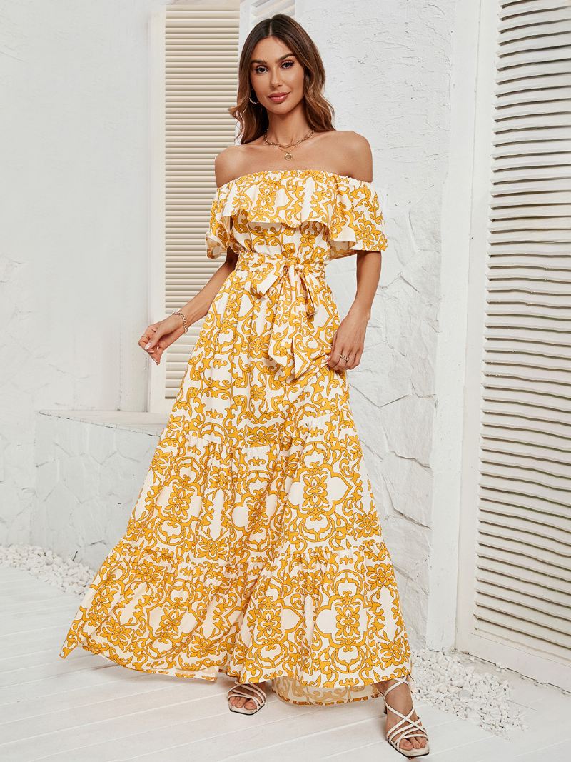 Damesjurk Met Print Off-shoulder Riem Rugloze Gelaagde Casual Zomer Maxi-jurken - Geel