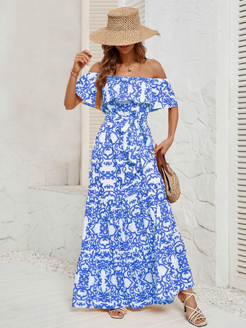 Damesjurk Met Print Off-shoulder Riem Rugloze Gelaagde Casual Zomer Maxi-jurken - Blauw