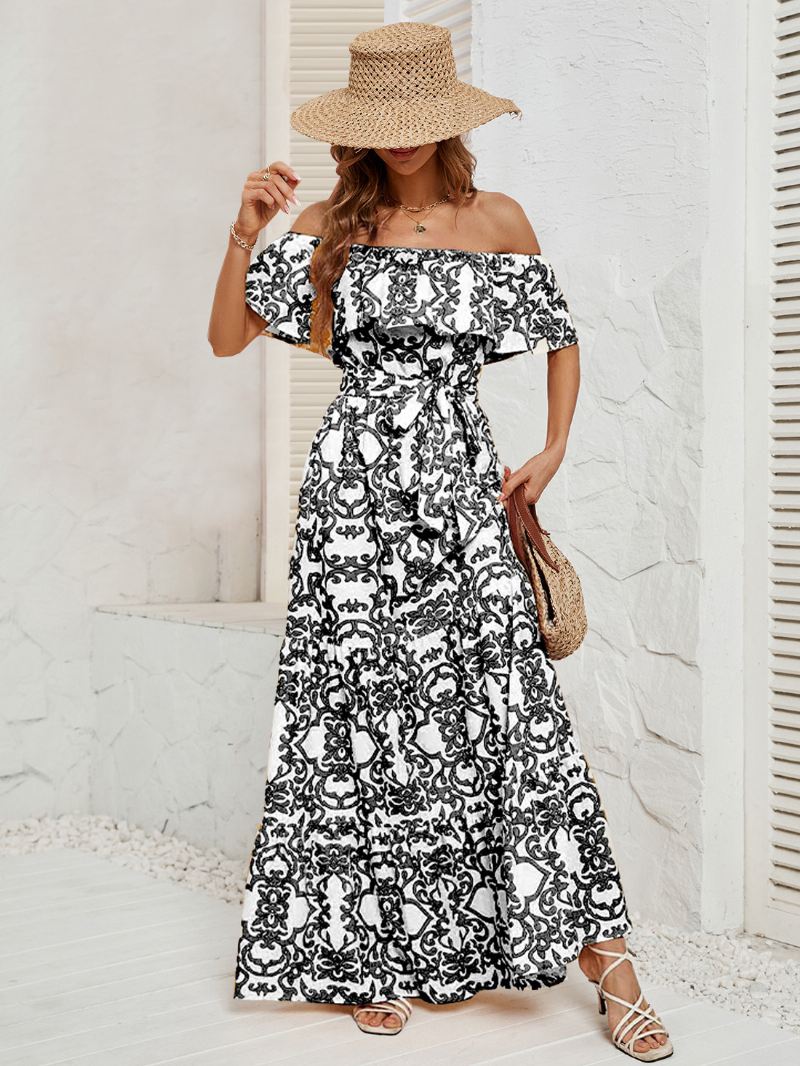 Damesjurk Met Print Off-shoulder Riem Rugloze Gelaagde Casual Zomer Maxi-jurken - Zwart