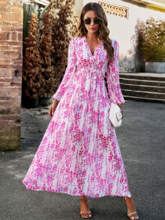 Damesjurk Met Print V-hals Lange Mouwen Kunstomslag Elegante Casual Maxi-jurken