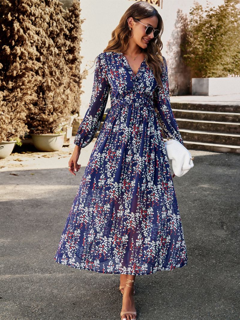 Damesjurk Met Print V-hals Lange Mouwen Kunstomslag Elegante Casual Maxi-jurken - Donker Marineblauw