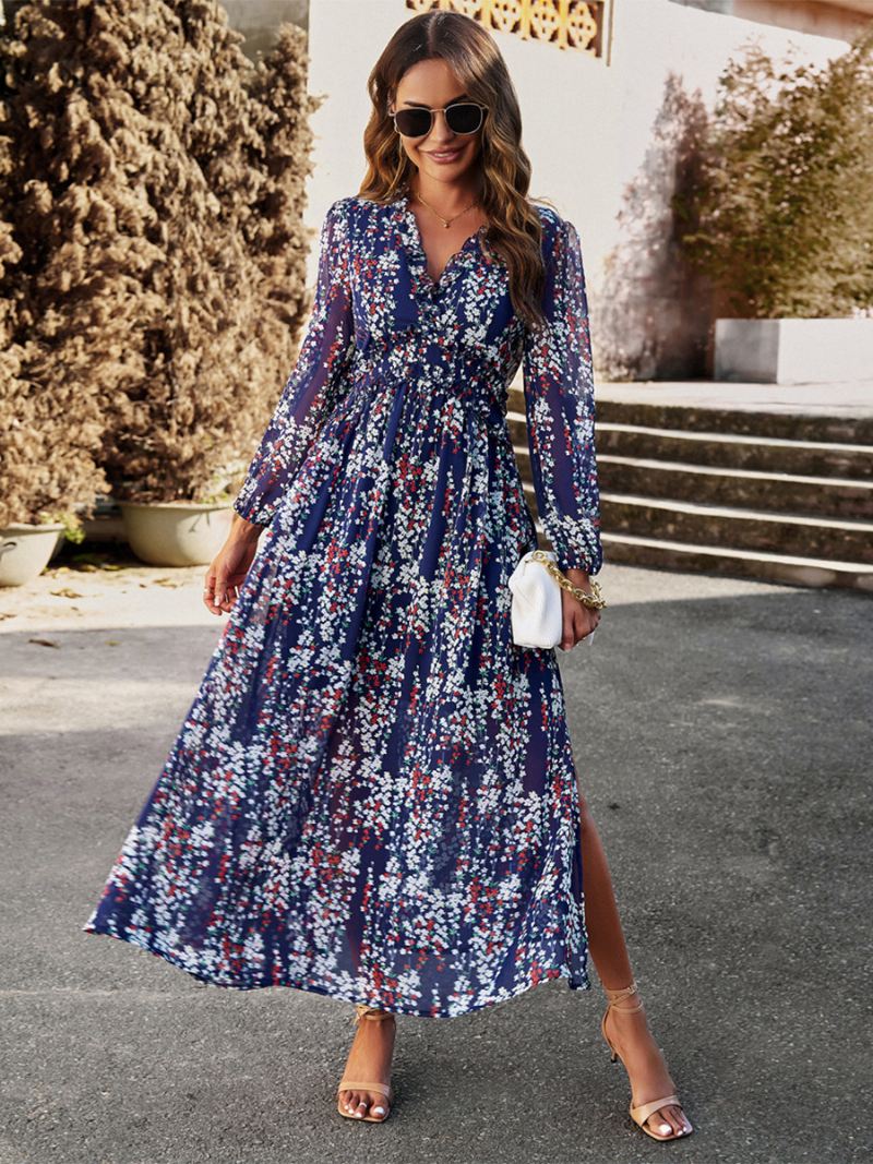 Damesjurk Met Print V-hals Lange Mouwen Kunstomslag Elegante Casual Maxi-jurken - Donker Marineblauw