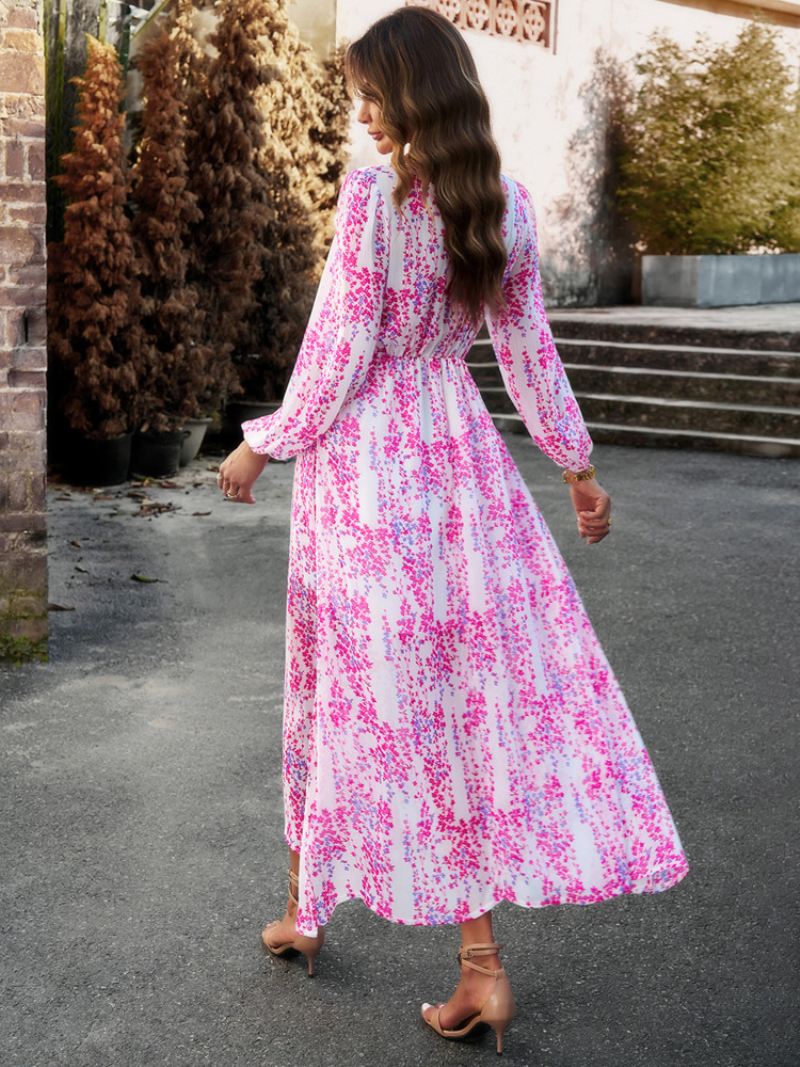 Damesjurk Met Print V-hals Lange Mouwen Kunstomslag Elegante Casual Maxi-jurken - Rose