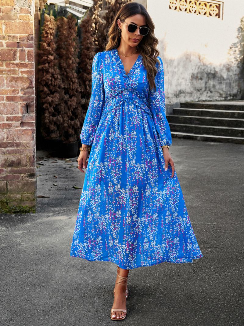 Damesjurk Met Print V-hals Lange Mouwen Kunstomslag Elegante Casual Maxi-jurken - Blauw