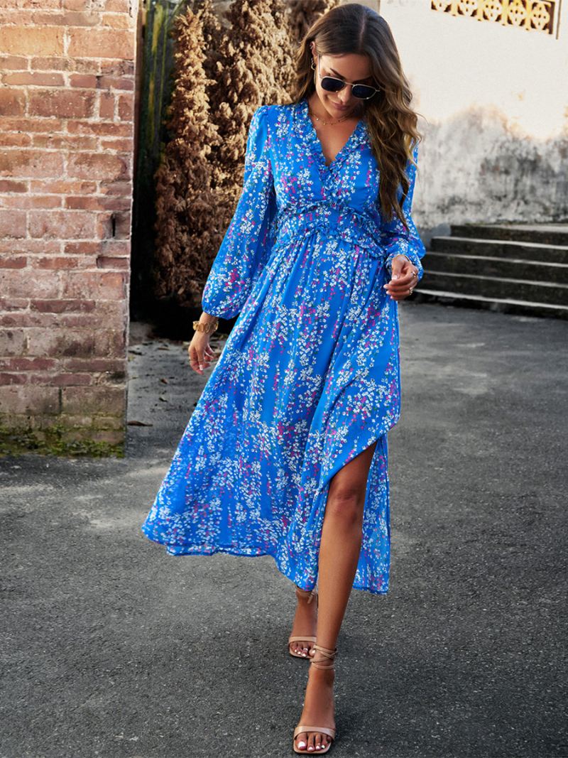 Damesjurk Met Print V-hals Lange Mouwen Kunstomslag Elegante Casual Maxi-jurken - Blauw